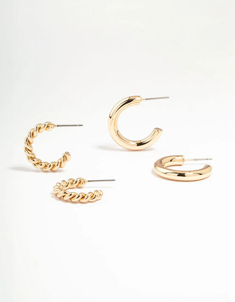 Gold Twisted & Round Hoop Earrings 2-Pack