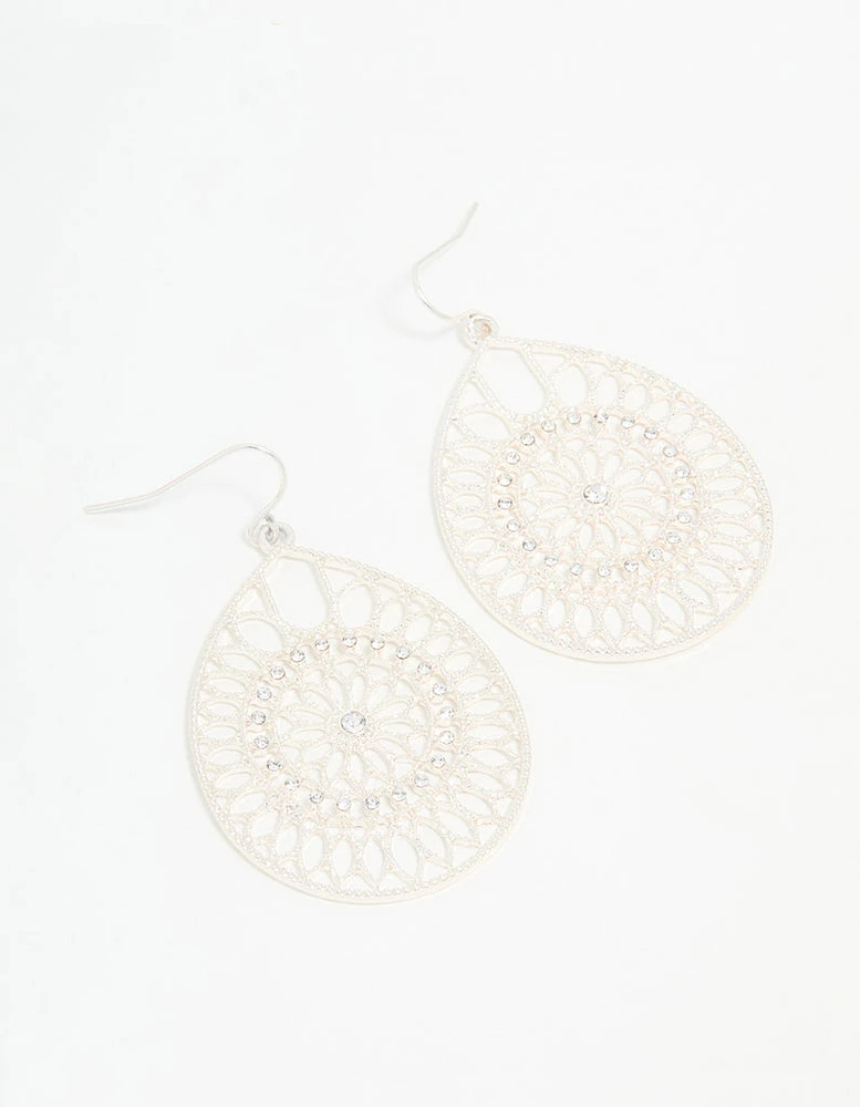 Silver Diamante Filigree Drop Earrings