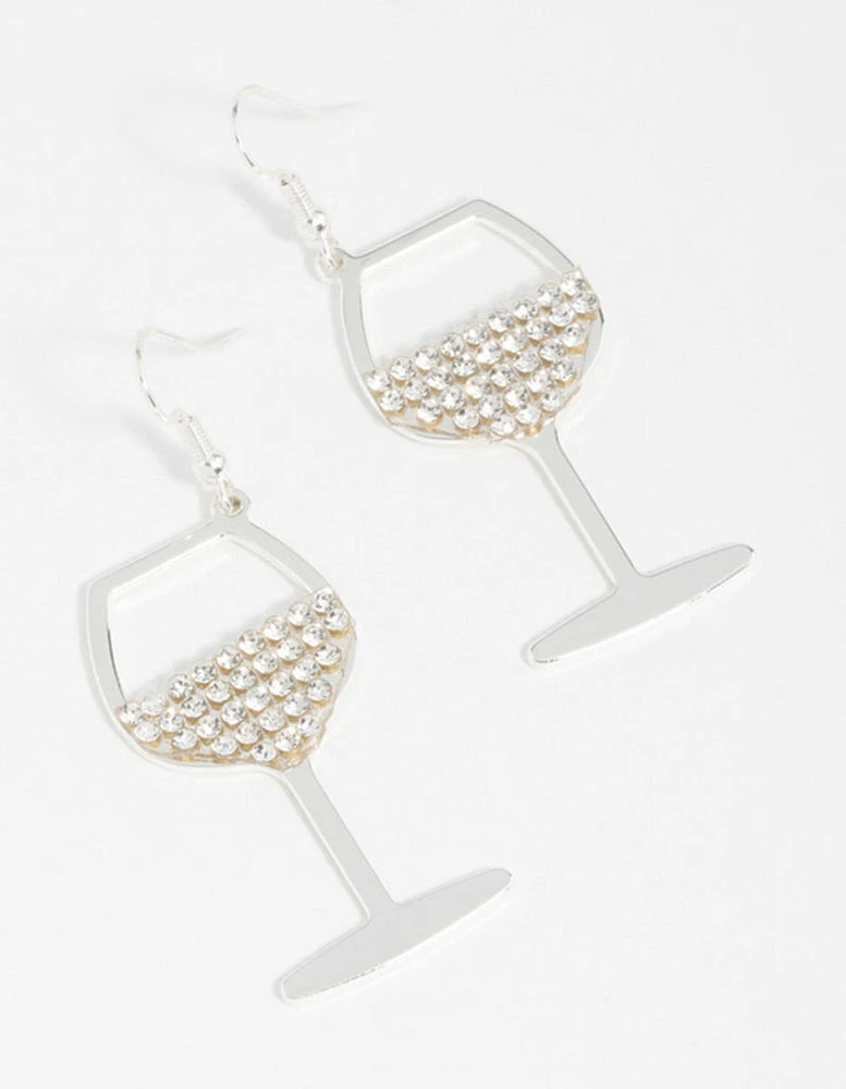 Silver Diamante Wine Glass Drop Earrings