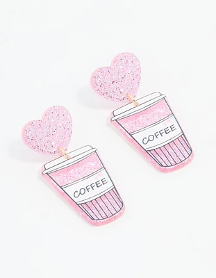 Silver Pink Heart Coffee Drop Earrings