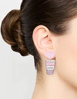 Silver Pink Heart Coffee Drop Earrings