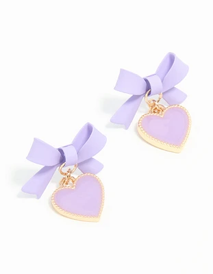 Gold Light Purple Coated Metal Bow Heart Drop Stud Earrings