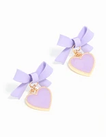 Gold Light Purple Coated Metal Bow Heart Drop Stud Earrings