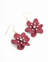 Gold Burgundy Flower Diamante Drop Earrings