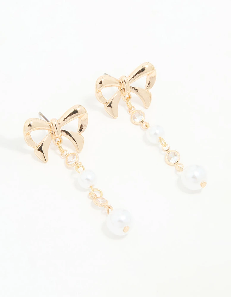 Gold Diamante Bow Pearl Drop Earrings