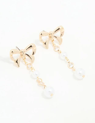 Gold Diamante Bow Pearl Drop Earrings