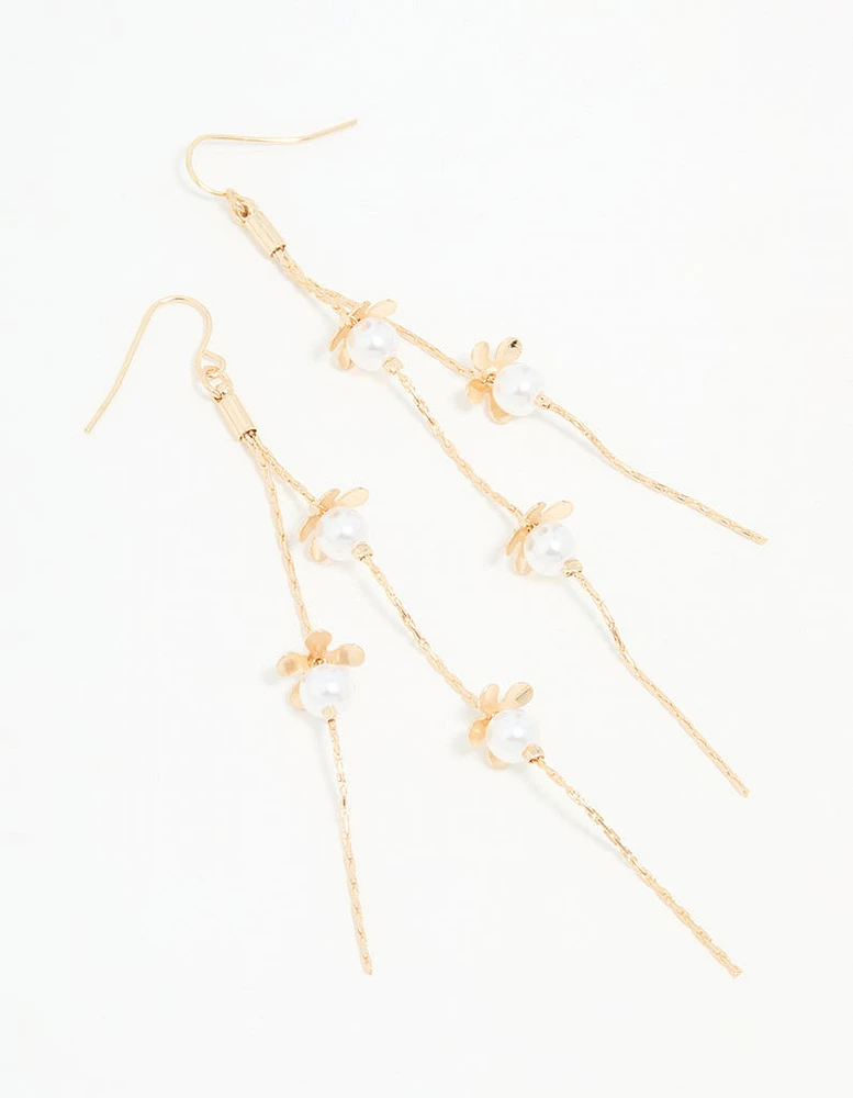 Gold Pearl Flower Chain Drop Earrings