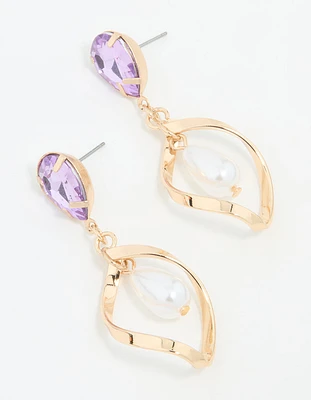 Gold Purple Diamante Pearl Twisted Drop Earrings