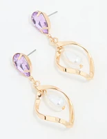 Gold Purple Diamante Pearl Twisted Drop Earrings