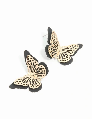Gold Black Coated Metal Butterfly Stud Earrings