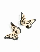 Gold Black Coated Metal Butterfly Stud Earrings