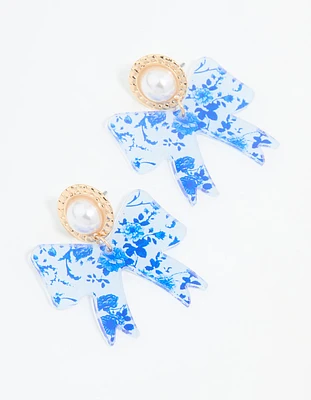 Gold Pearl Blue Bow Stud Earrings