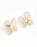 Gold Pearl Textured Flower Stud Earrings