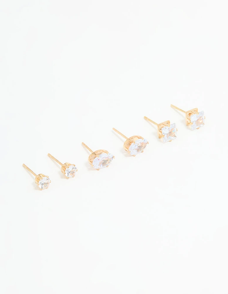 Gold Diamante Mixed Stud Earrings 3-Pack