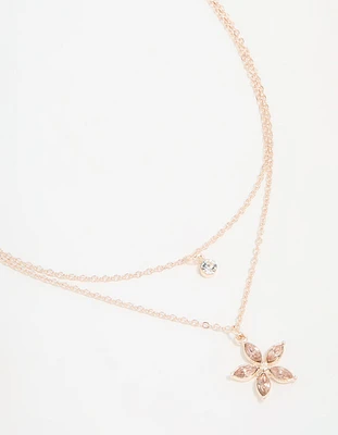 Rose Gold Diamante Flower Layered Necklace