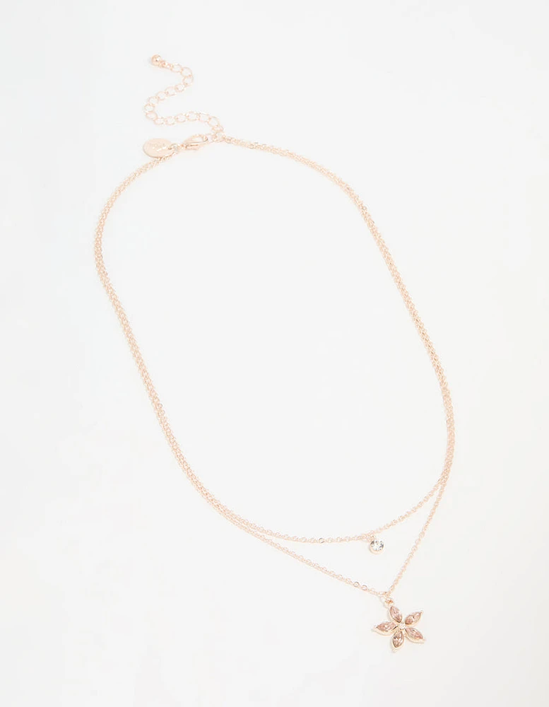 Rose Gold Diamante Flower Layered Necklace