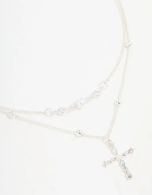 Silver Beaded Diamante Cross Layered Necklace