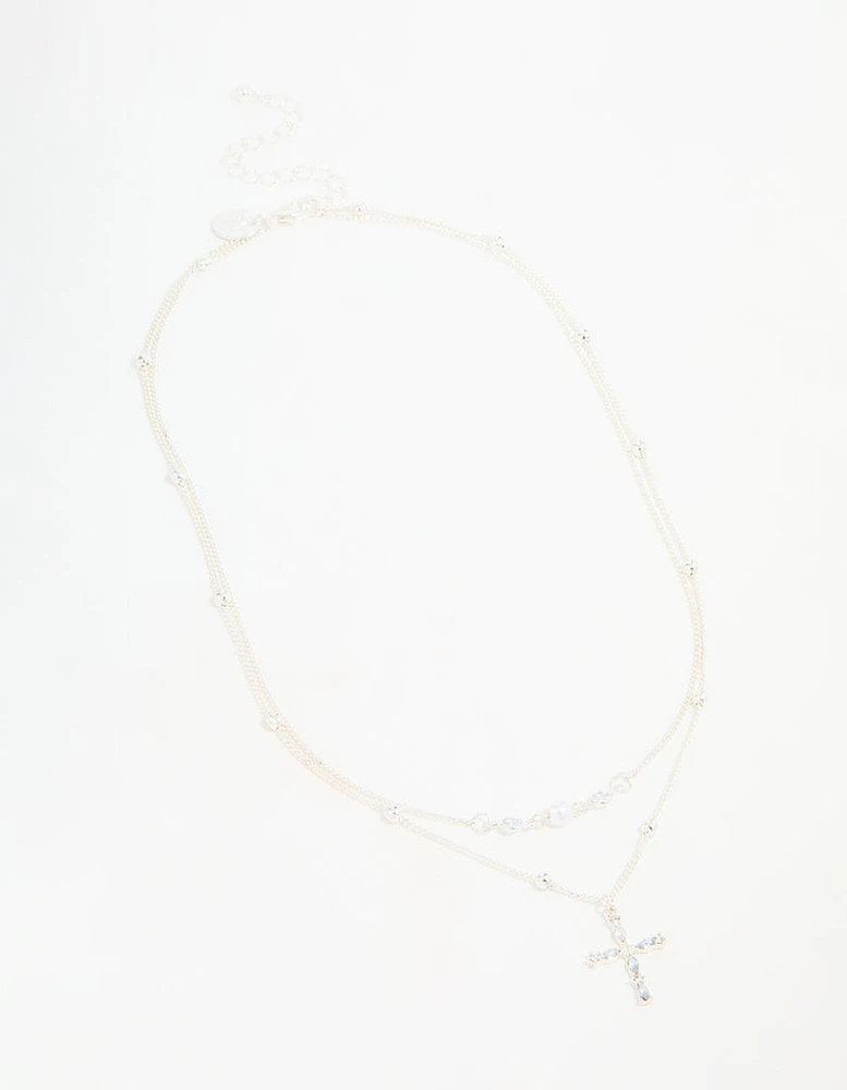 Silver Beaded Diamante Cross Layered Necklace