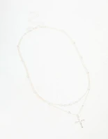 Silver Beaded Diamante Cross Layered Necklace