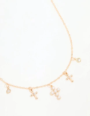 Gold Pearl Diamante Cross Charm Necklace