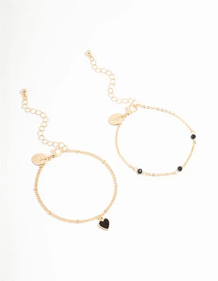 Gold Black Heart Charm Stone Bracelets 2-Pack