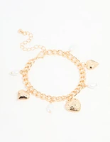 Gold Pearl Heart Charm Bracelet