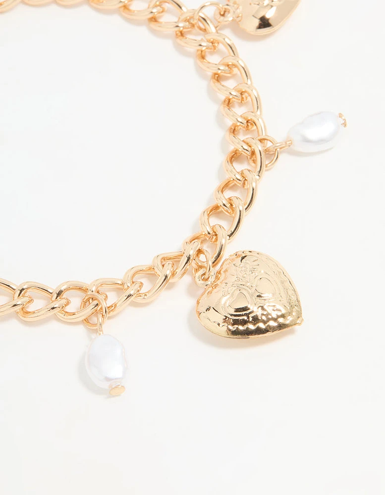 Gold Pearl Heart Charm Bracelet