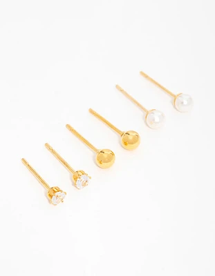 Gold Plated Surgical Steel Small Pearl & Cubic Zirconia Stud Earrings 3-Pack