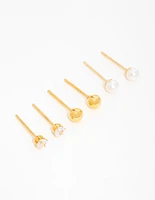 Gold Plated Surgical Steel Small Pearl & Cubic Zirconia Stud Earrings 3-Pack