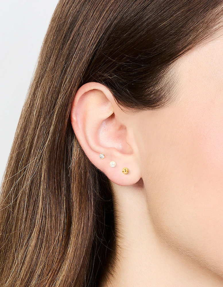 Gold Plated Surgical Steel Small Pearl & Cubic Zirconia Stud Earrings 3-Pack