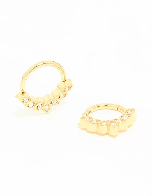 Gold Plated Surgical Steel Cubic Zirconia Leaf Clicker Sleeper Hoop Earrings