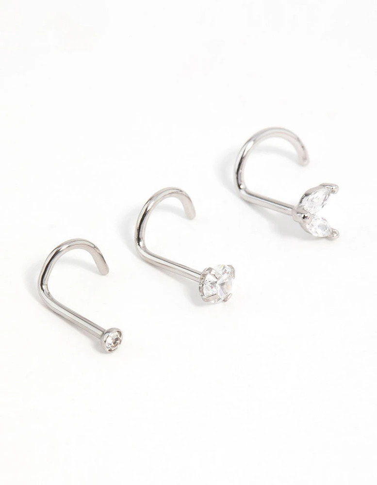 Surgical Steel Cubic Zirconia Butterfly & Round Nose Stud 3-Pack