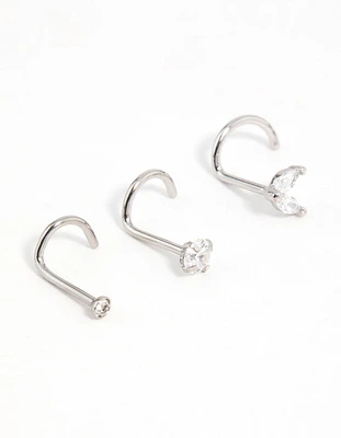 Surgical Steel Cubic Zirconia Butterfly & Round Nose Stud 3-Pack