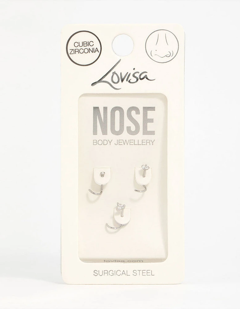 Surgical Steel Cubic Zirconia Butterfly & Round Nose Stud 3-Pack