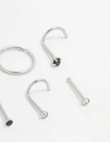 Surgical Steel Black Cubic Zirconia Nose Ring & Stud 6-Pack