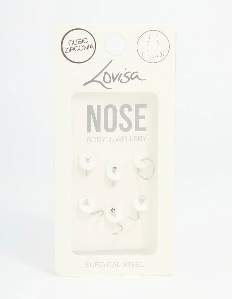 Surgical Steel Black Cubic Zirconia Nose Ring & Stud 6-Pack