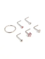 Surgical Steel Cubic Zirconia Flower & Heart Nose Piercing 6-Pack