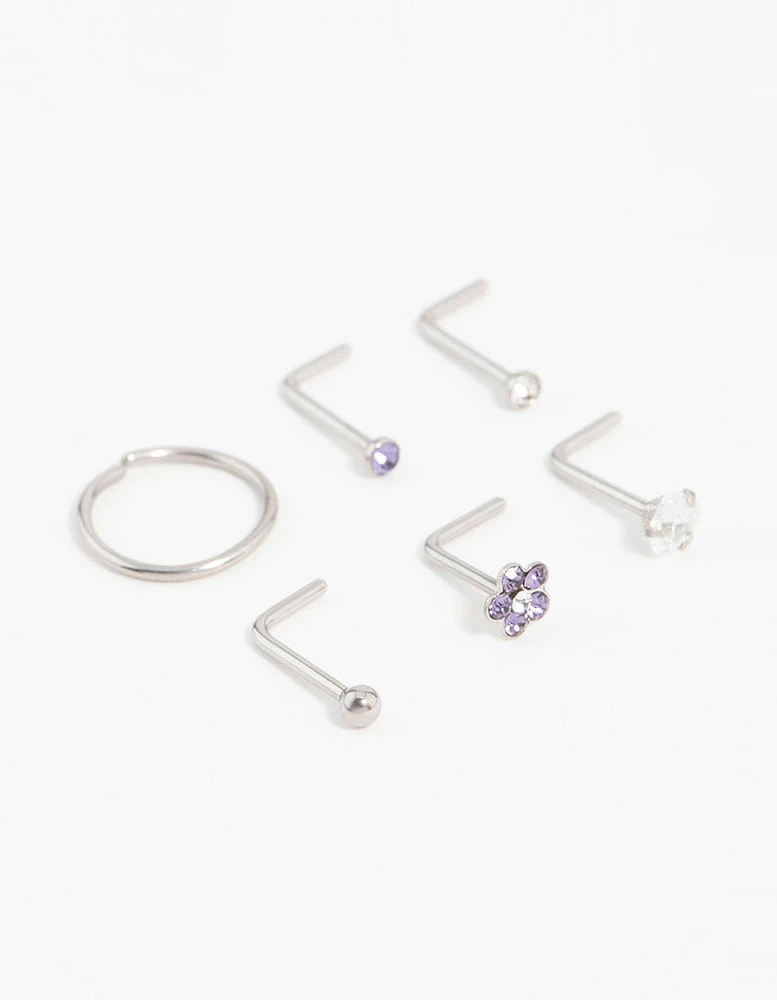 Surgical Steel Cubic Zirconia Flower Nose Piercing 6-Pack
