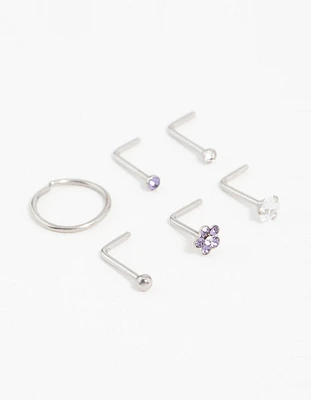 Surgical Steel Cubic Zirconia Flower Nose Piercing 6-Pack