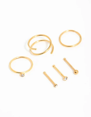 Gold Plated Surgical Steel Cubic Zirconia Bezel Nose Piercings 6-Pack
