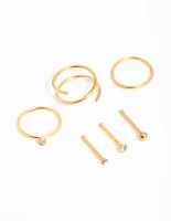 Gold Plated Surgical Steel Cubic Zirconia Bezel Nose Piercings 6-Pack