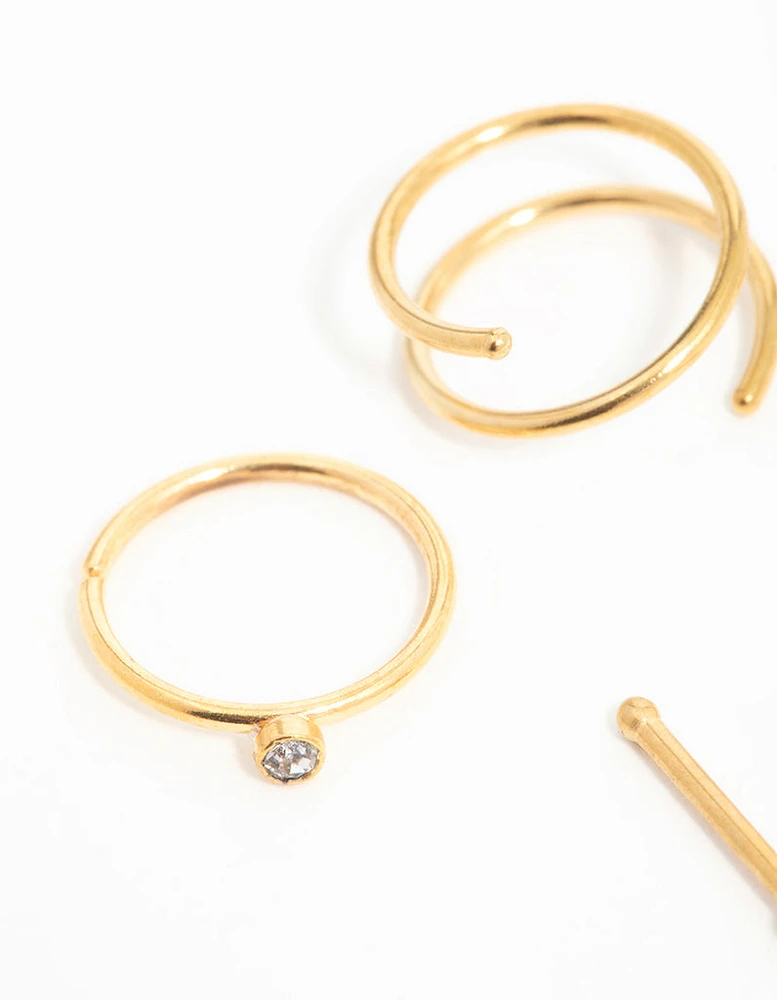 Gold Plated Surgical Steel Cubic Zirconia Bezel Nose Piercings 6-Pack
