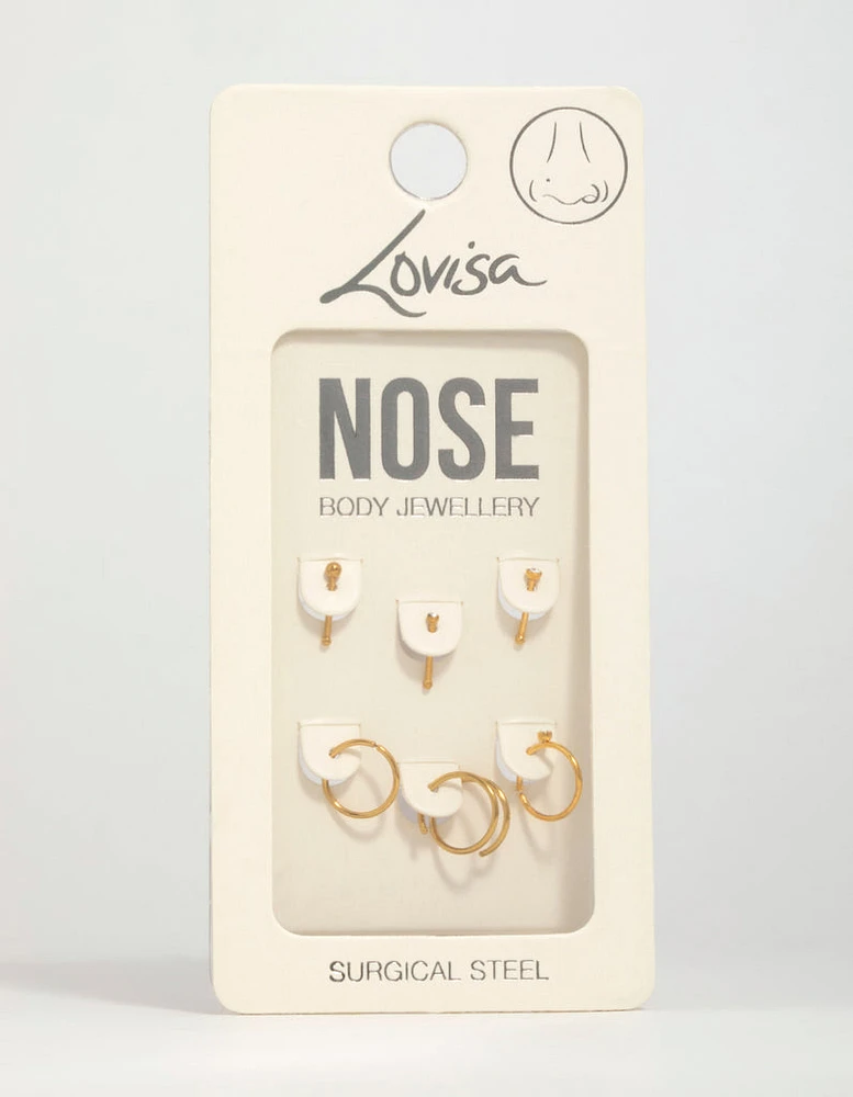 Gold Plated Surgical Steel Cubic Zirconia Bezel Nose Piercings 6-Pack
