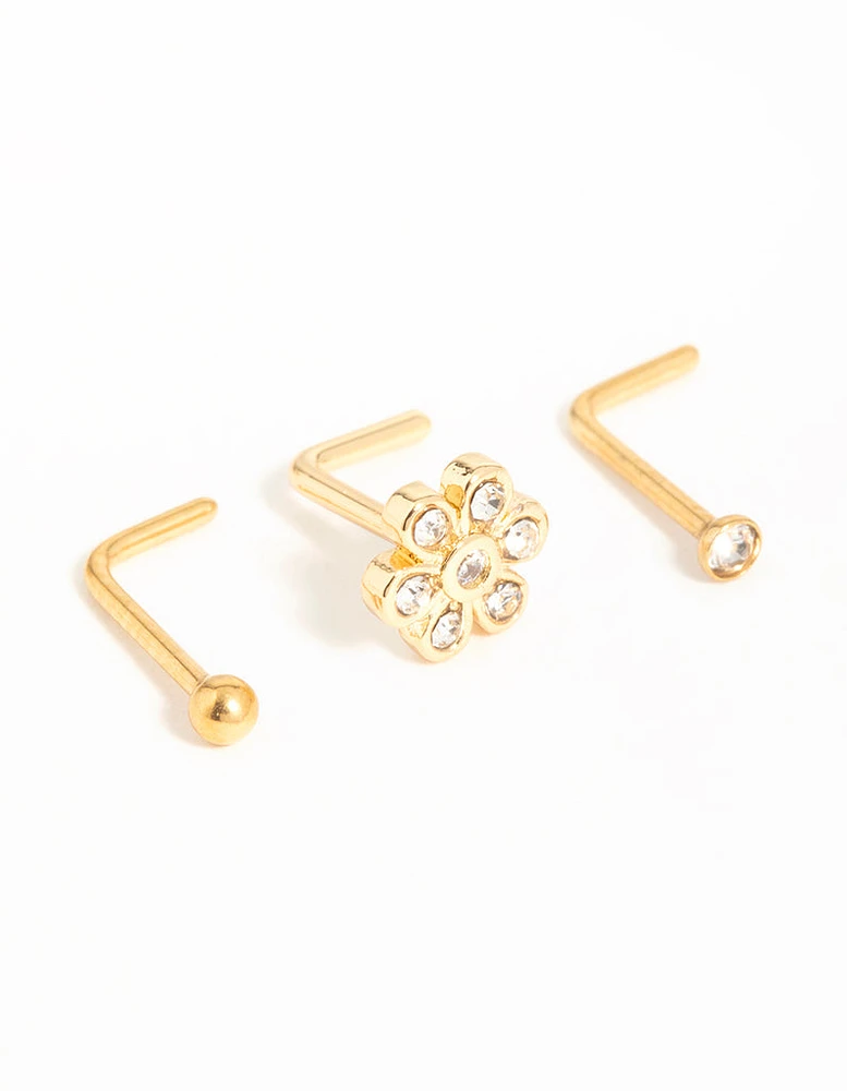 Gold Plated Surgical Steel Cubic Zirconia Flower Nose Piercings 3-Pack