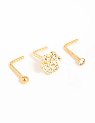 Gold Plated Surgical Steel Cubic Zirconia Flower Nose Piercings 3-Pack