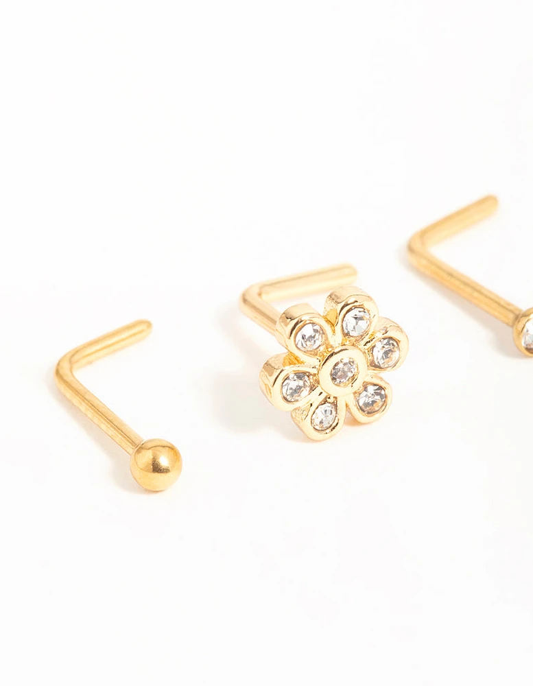 Gold Plated Surgical Steel Cubic Zirconia Flower Nose Piercings 3-Pack