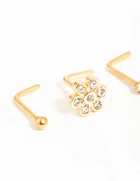 Gold Plated Surgical Steel Cubic Zirconia Flower Nose Piercings 3-Pack