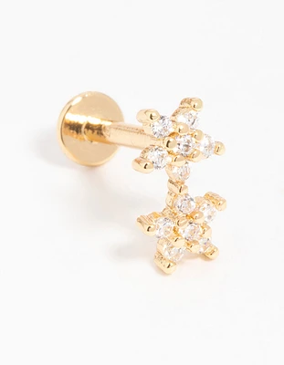 Gold Plated Surgical Steel Cubic Zirconia Double Star Flat Back Stud