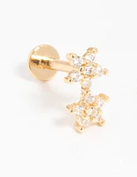Gold Plated Surgical Steel Cubic Zirconia Double Star Flat Back Stud