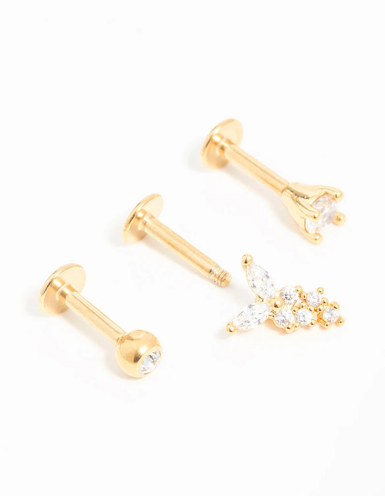 Gold Plated Surgical Steel Cubic Zirconia Butterfly Flat Back Studs 3-Pack